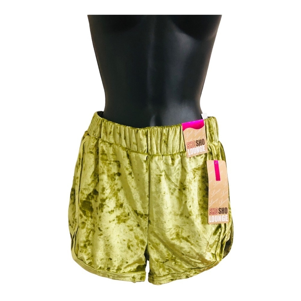 Olive green crushed velvet pajama velour look elastic‎ waist shorts size medium